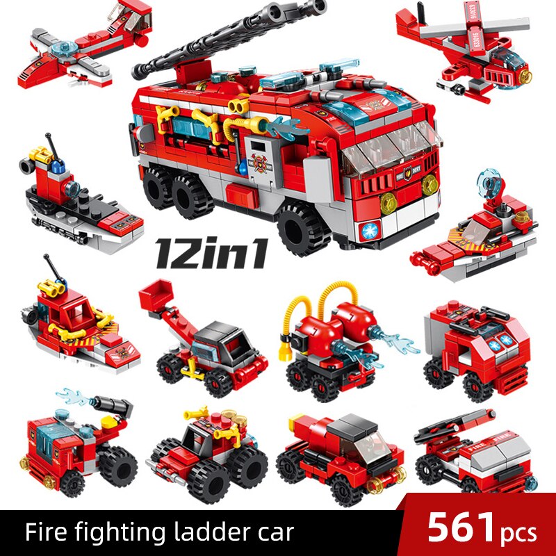 City Fire Station Model Building Blocks Car Helicopter