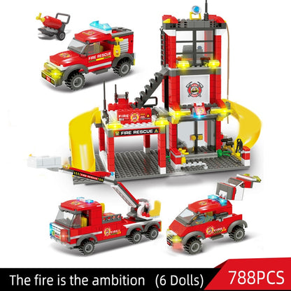 City Fire Station Model Building Blocks Car Helicopter