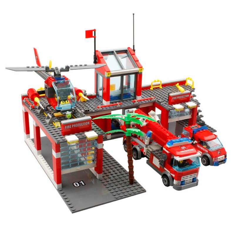 City Fire Station Model Building Blocks Car Helicopter