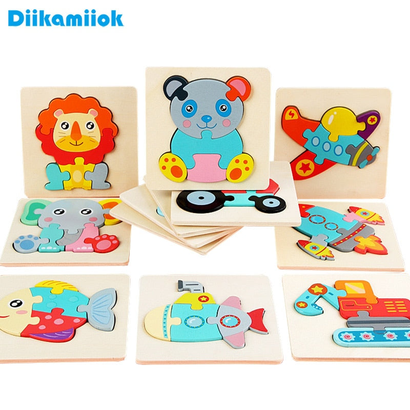 11CM Colorful Wood 3D Puzzles Cartoon Animals Kids Educational Toy Games