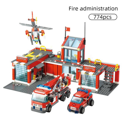 City Fire Station Model Building Blocks Car Helicopter