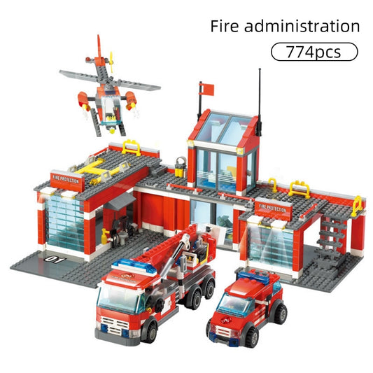 City Fire Station Model Building Blocks Car Helicopter