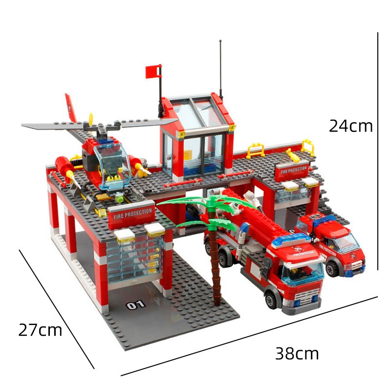 City Fire Station Model Building Blocks Car Helicopter