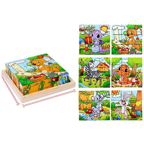 9 Pieces Six-sided 3D Cubes Jigsaw Puzzles Tray Wooden Toy