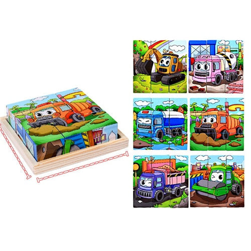 9 Pieces Six-sided 3D Cubes Jigsaw Puzzles Tray Wooden Toy