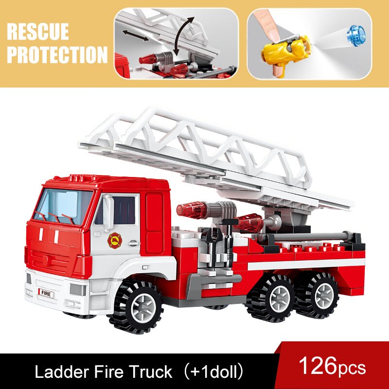 City Fire Station Model Building Blocks Car Helicopter