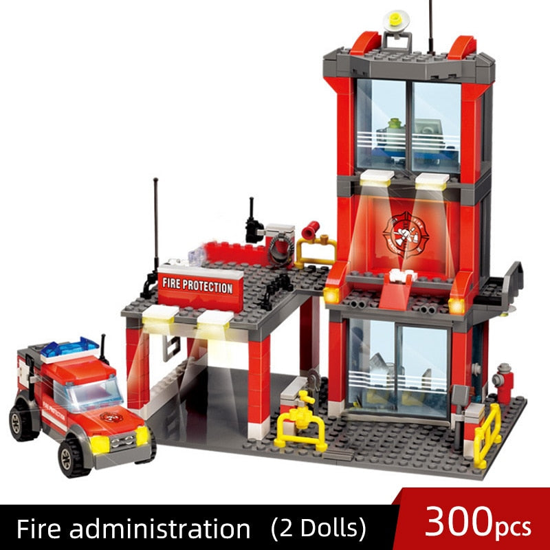 City Fire Station Model Building Blocks Car Helicopter