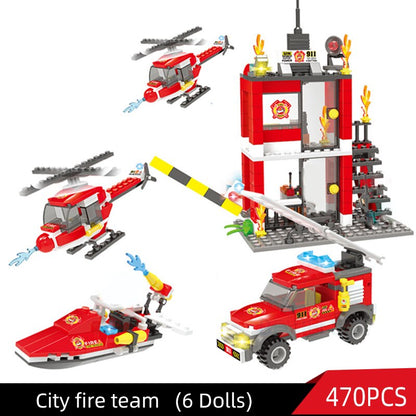 City Fire Station Model Building Blocks Car Helicopter