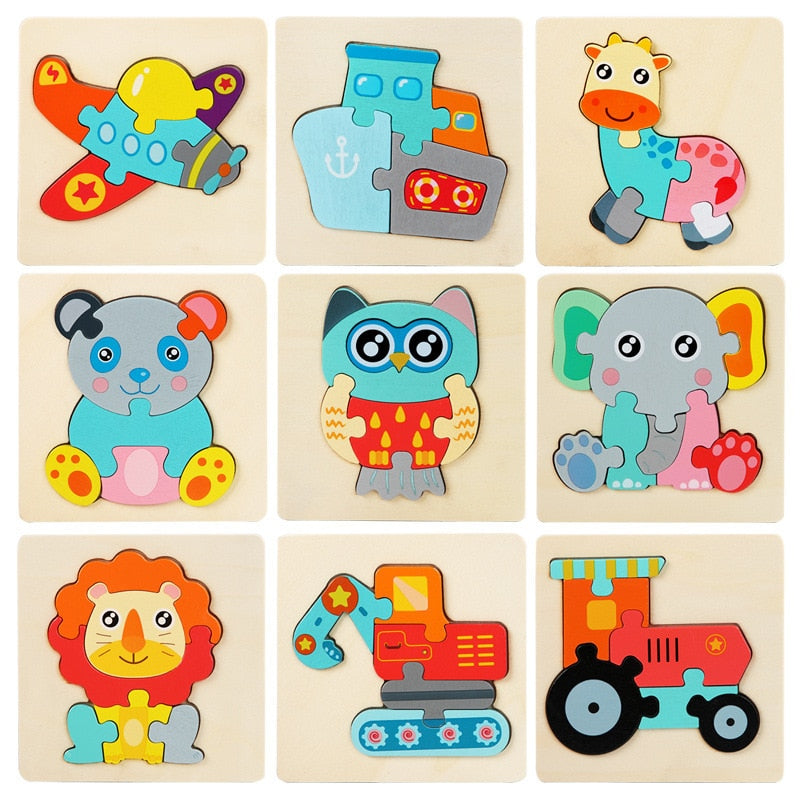 11CM Colorful Wood 3D Puzzles Cartoon Animals Kids Educational Toy Games