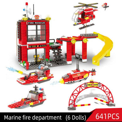 City Fire Station Model Building Blocks Car Helicopter