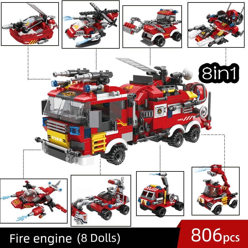 City Fire Station Model Building Blocks Car Helicopter