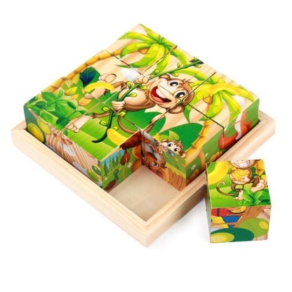 9 Pieces Six-sided 3D Cubes Jigsaw Puzzles Tray Wooden Toy