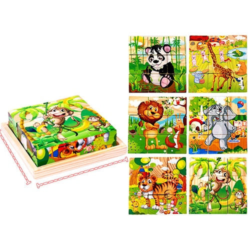 9 Pieces Six-sided 3D Cubes Jigsaw Puzzles Tray Wooden Toy