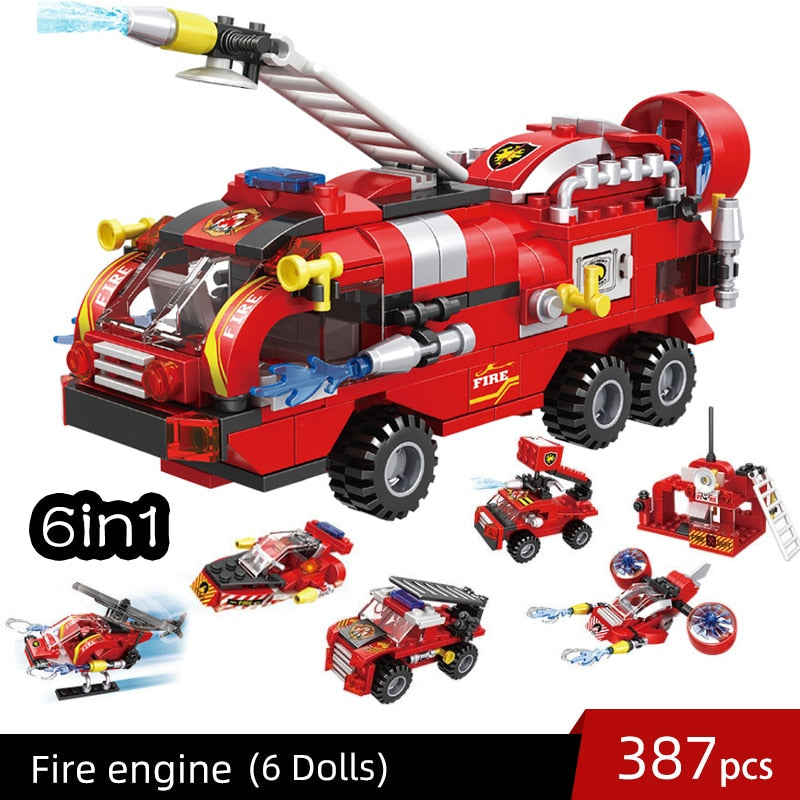 City Fire Station Model Building Blocks Car Helicopter