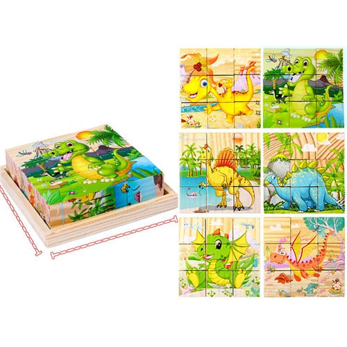 9 Pieces Six-sided 3D Cubes Jigsaw Puzzles Tray Wooden Toy