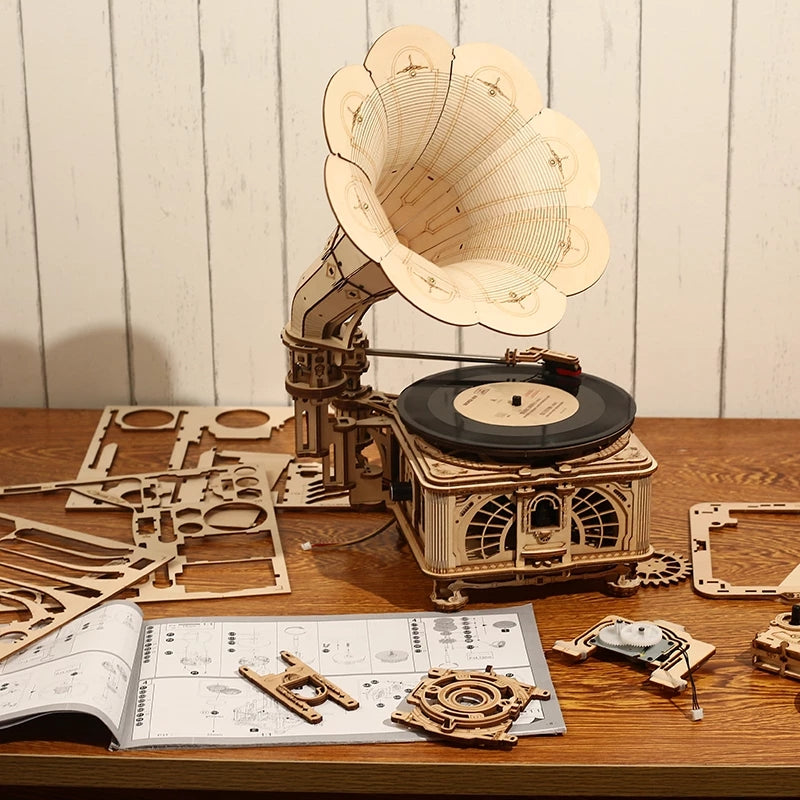 Hand Crank Classic Gramophone DIY Wooden Puzzle Model Building