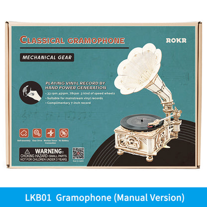 Hand Crank Classic Gramophone DIY Wooden Puzzle Model Building